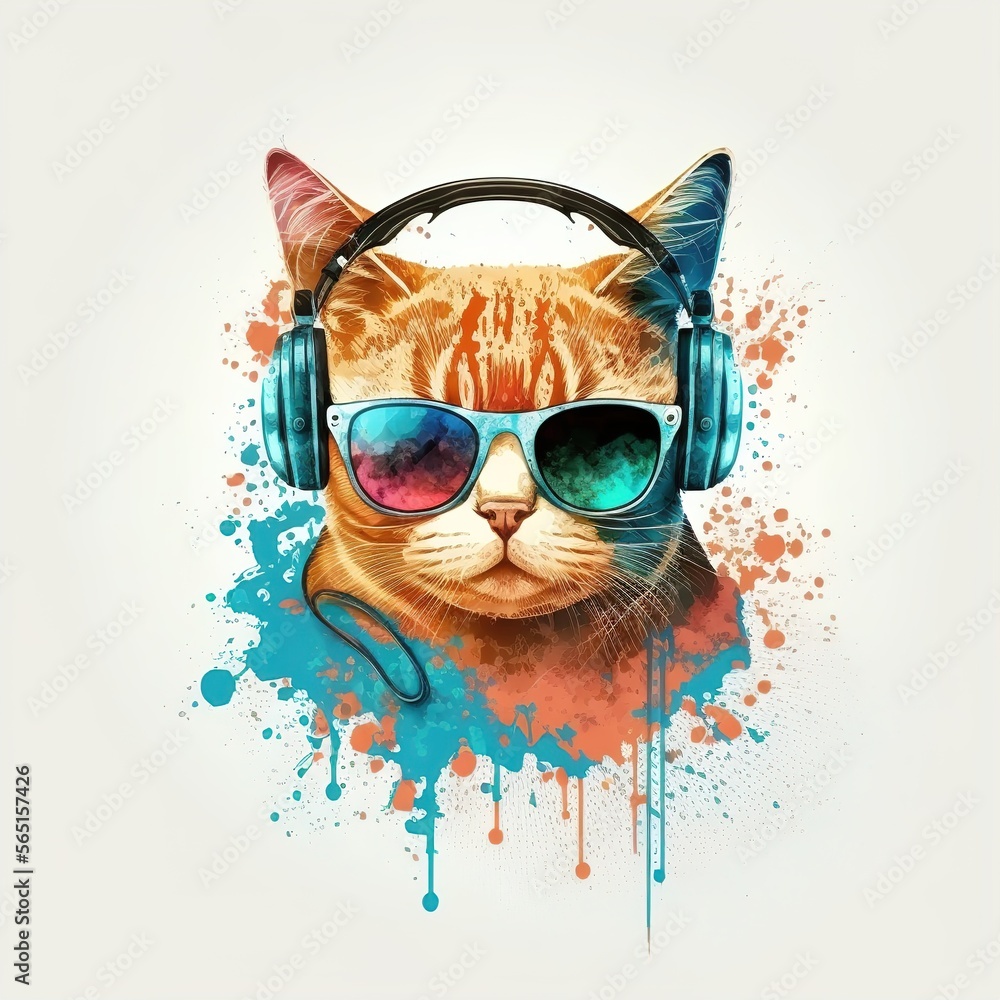 dj in cat with headphones color illustration