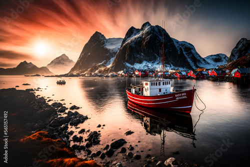 lonely fishing boat, norwegian sea sunrise, mountains and ocean view, generative ai photo