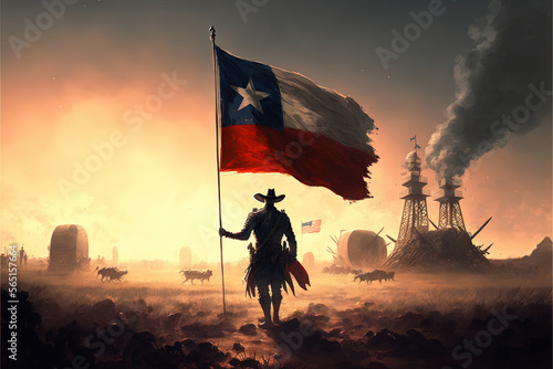 Painting of Texas Independence Day, Texas Ranger Holding Texas Flag, Concept Art photo