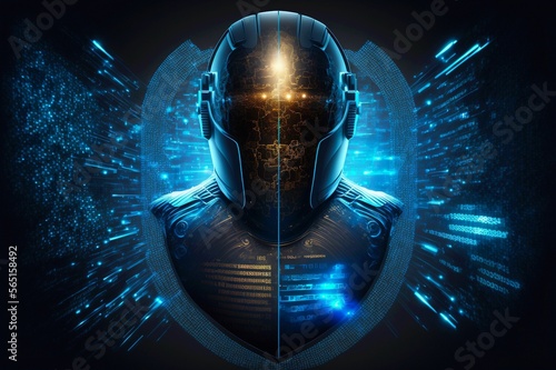 Data cyber protector shield warrior concept. Guard robot protection against fraud. Avatar crime defender. Generative Ai