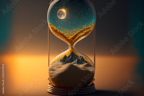 Day to night time change concept, Sand watch 24 Hours desert landscape. Moon to sun cycle. circle of life. Generative AI