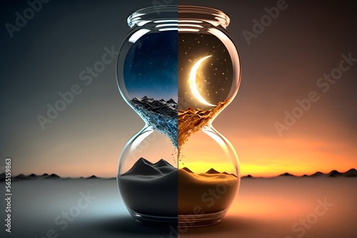 Day to night time change concept, Sand watch 24 Hours desert landscape. Moon to sun cycle. circle of life. Generative AI