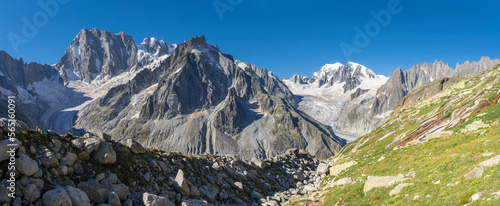 The panorama of Grand Jorasses Mont Blanc massif and Les Aiguilles towers. © Renáta Sedmáková