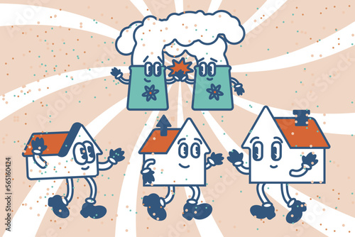 Nuclear power station retro vintage style illustration. Ecological alternative electricity power of future. Atom for kids cartoon funny style. Benefits of alternative energy. Build eco green community