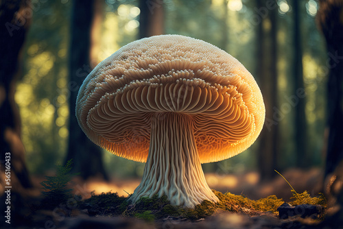 The rare Edible Lion's Mane Mushroom / Hericium Erinaceus / pruikzwam in the Forest. Beautifully radiant big giant mushroom. Generative ai photo