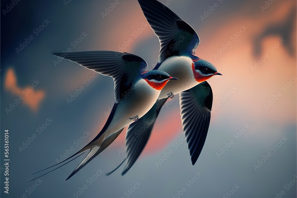 Obraz premium two birds flying in the sky with a sunset in the background and a cloud in the sky behind them, with a red and white stripe on the wing. generative ai