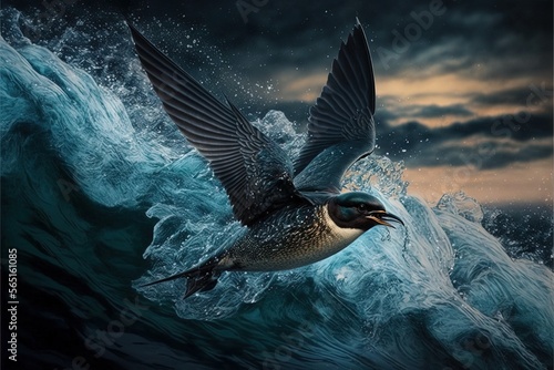  a bird flying over a wave in the ocean at night with a cloudy sky above it and a bird with a beak in its mouth.  generative ai