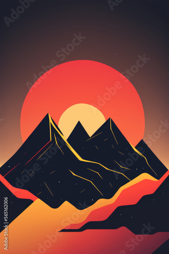 Sunset over mountains  minimalist abstract illustration. Generative AI.