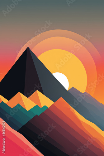 Minimalist abstract illustration of sunset behind a mountain range. Generative AI.