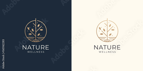 minimalist tree logo icon line style. circular tree concept with gold color. tree logo inspiration.