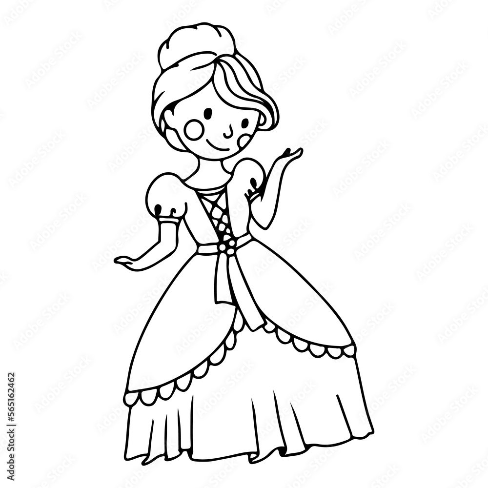 Cute princess in a ball gown. Coloring book A girl in a magical costume. Middle Ages. Vector illustration isolated on white background.