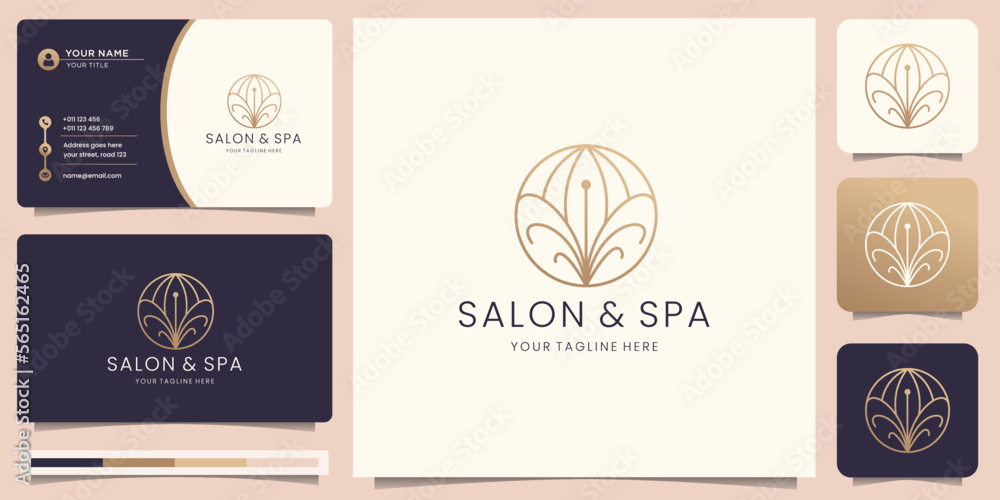 Fototapeta premium feminine flower lotus spa logo design and business card. creative line style floral lotus spa design