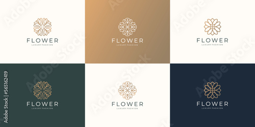 set of flower feminine design. icon floral logo set line minimalist with golden color inspiration.