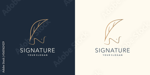 Minimalist quill feather pen signature logo design. handwriting concept logo and design golden color
