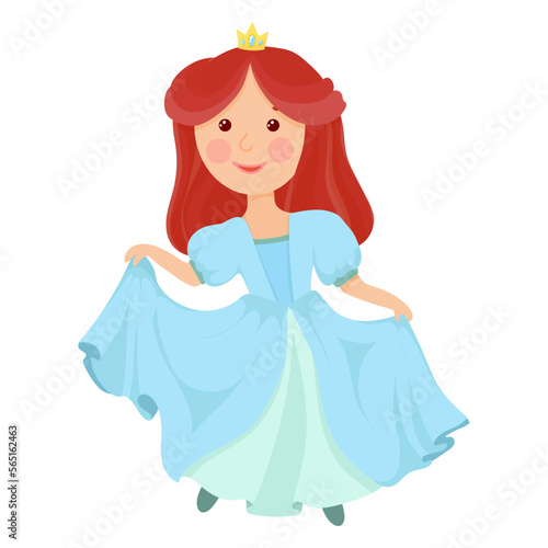 A cute princess in a lush blue dress. A girl in a magical costume. Middle Ages. Vector illustration isolated on white background.