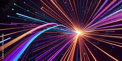 Abstract fiber optic lines with particles colliding, blue pink and orange CGI concept render, AI generated. 
