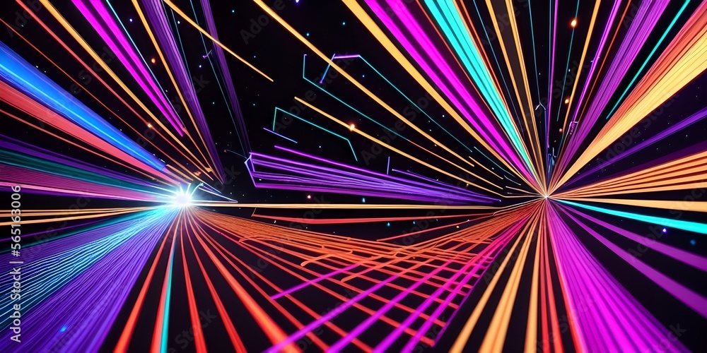 Abstract fiber optic lines with particles colliding, blue pink and orange CGI concept render, AI generated.
Abstract fiber optic lines with particles colliding, blue pink and orange CGI concept render, AI generated.