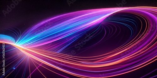 Abstract fiber optic lines with particles colliding, blue pink and orange CGI concept render, AI generated.