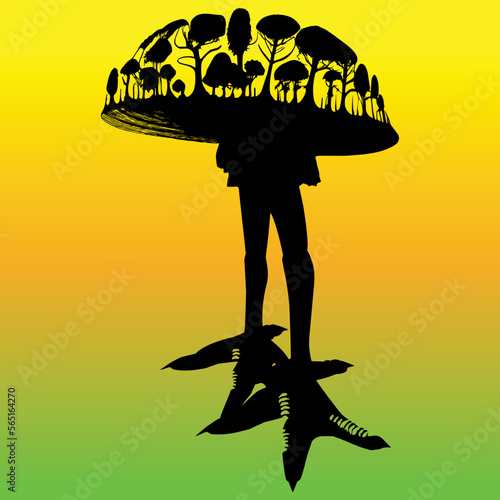 Vector art, nature silhouette. Forest - mushroom - chicken. Ecology