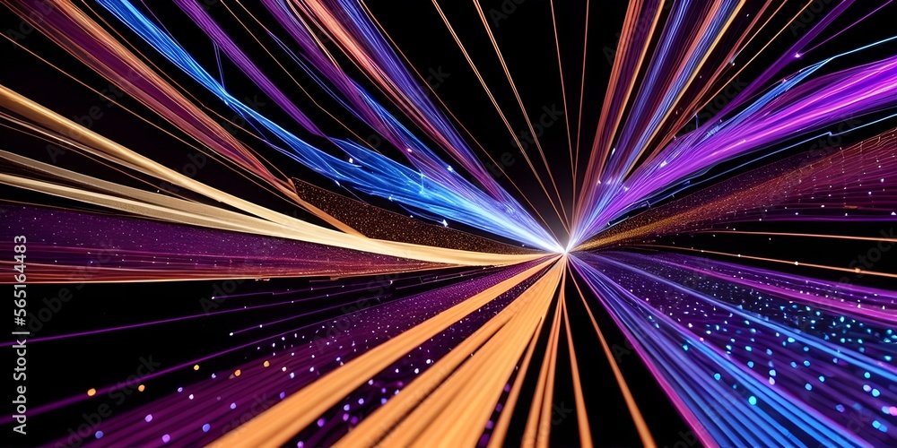 Abstract fiber optic lines with particles colliding, blue pink and orange CGI concept render, AI generated Abstract fiber optic lines with particles colliding, blue pink and orange CGI concept render, AI generated