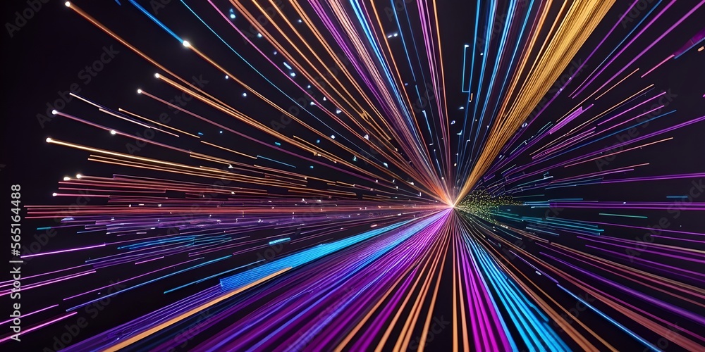 Abstract fiber optic lines with particles colliding, blue pink and orange CGI concept render, AI generated Abstract fiber optic lines with particles colliding, blue pink and orange CGI concept render, AI generated