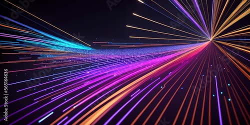 Abstract fiber optic lines with particles colliding, blue pink and orange CGI concept render, AI generated