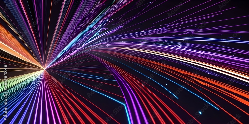 Abstract fiber optic lines with particles colliding, blue pink and orange CGI concept render, AI generated Abstract fiber optic lines with particles colliding, blue pink and orange CGI concept render, AI generated