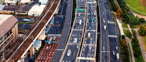 Aerial view of an expressway bridge in Tokyo, Japan