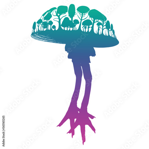Vector art, nature silhouette. Forest - mushroom - chicken. Ecology
