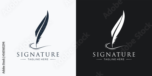 Creative quill signature logo design with minimalist feather ink logo template illustration