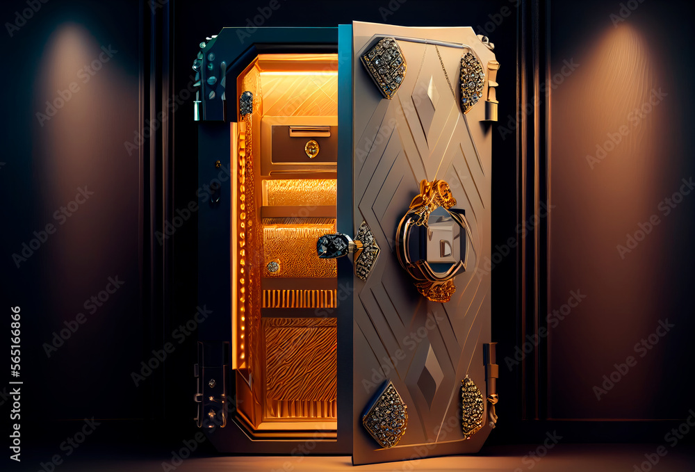 Security metal safe with expensive gold and diamond inside. Ai generated - obrazy, fototapety, plakaty 