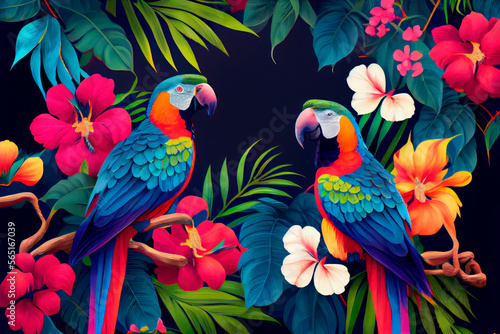 tropical pattern with parrots and flowers in bright colors. Generative ai © Frenchiebuddha