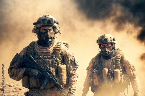 Soldier military in the war, military special forces soldiers cross destroyed war zone through fire and smoke, fire, explosion, fictional photo, generative ai