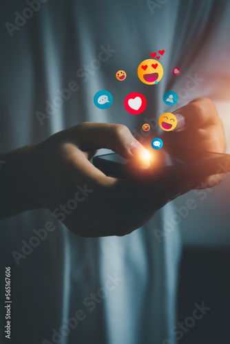 Social media and digital online concept, using smartphone and show technology icon, working from home concept, living on vacation and playing social media.