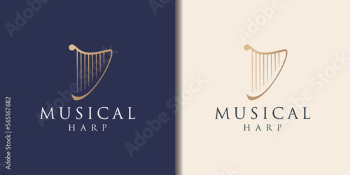 Elegant and Luxury Harp instrument Logo design inspiration. golden color