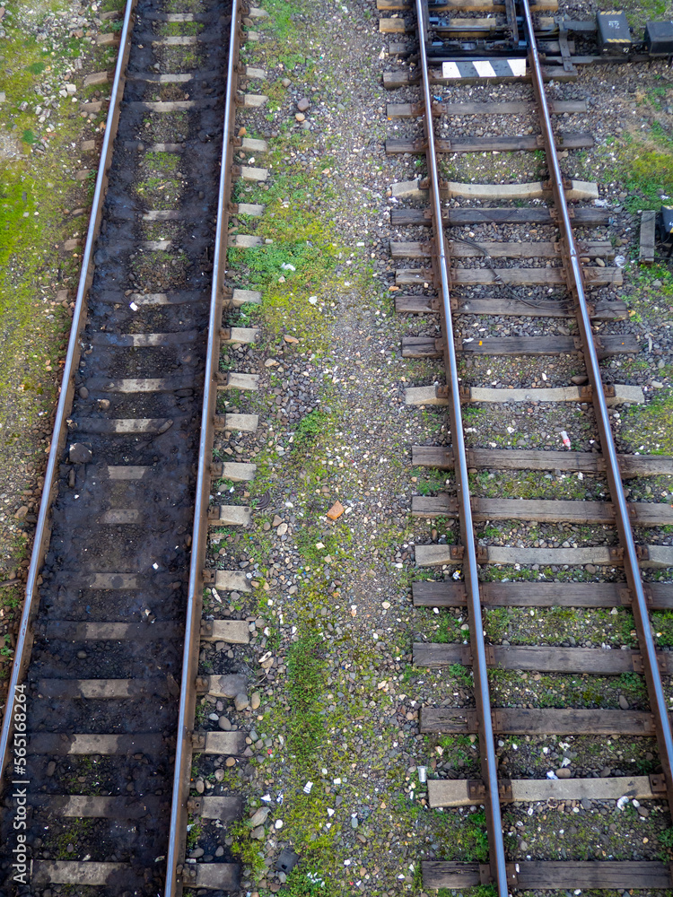 Fototapeta premium Old railway tracks. View from above. Railway in the moss. Road concept. Train station