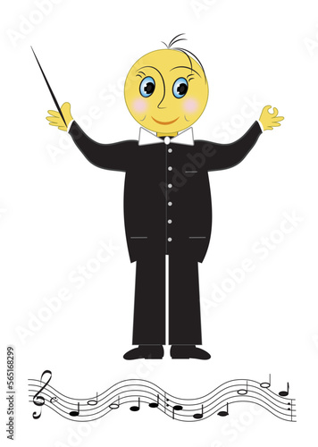 Cartoon of active conductor with sheet music. Emoticon character of conducting man, object isolated. vector and jpg format.