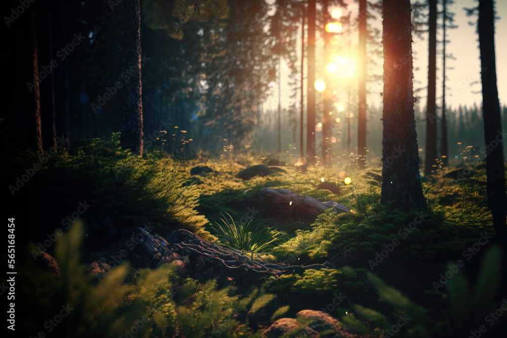 Fototapeta premium Sunrise in a forest aesthetic background, witchcraft magic wallpaper AI Generated