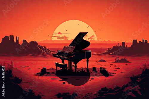 vector art of a piano in the desert at sunset