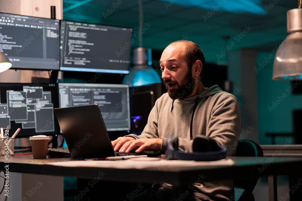 Database admin feeling happy about coding victory, celebrating development achievement in office. Pleased cheerful programmer enjoying success and win, programming html code late at night. Database admin feeling happy about coding victory, celebrating development achievement in office. Pleased cheerful programmer enjoying success and win, programming html code late at night.