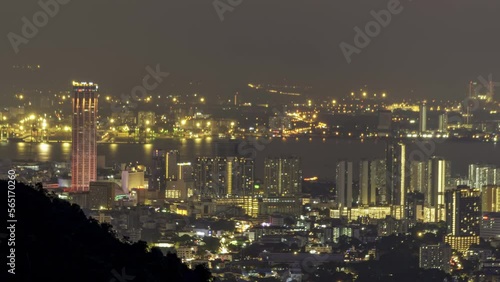 Wallpaper Mural High angle view Komtar tower, Penang and surrounding in night. Timelapse foggy cloud motion Torontodigital.ca