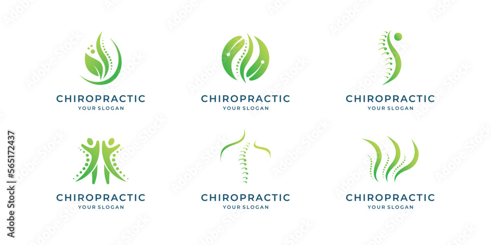 symbol of Chiropractic Logo, massage icon, back pain and osteopathy set logo collection green color medice. - obrazy, fototapety, plakaty 