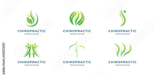 symbol of Chiropractic Logo, massage icon, back pain and osteopathy set logo collection green color medice.