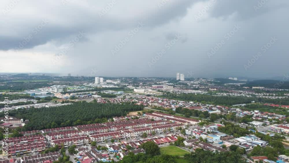 Drone shot hyperlapse move toward raining dark cloud at rural residential town at Bukit Mertaiam, Malaysia Drone shot hyperlapse move toward raining dark cloud at rural residential town at Bukit Mertaiam, Malaysia