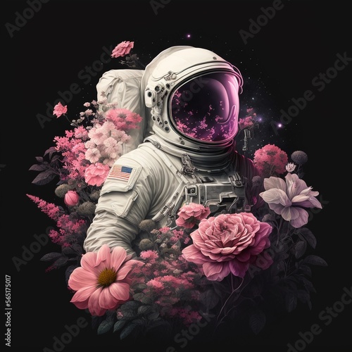astronaut on a black background, flowers