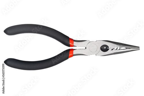 Needle nose pliers. Wire cutter or flush nippers. Universal long nose pliers for electric wire. Professional tools for metal construction. Mechanic instrument for workshop, repairing works. 