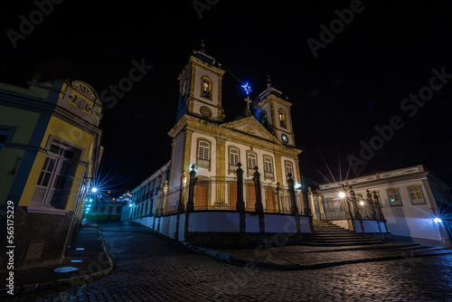 Sao Joao del Rei, Minas Gerais, Brazil: Street view of Nossa Senhora do Pilar church facade at night