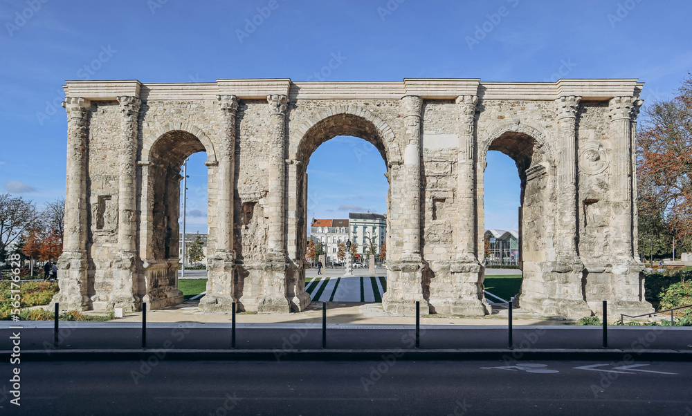 Reims, France - 07.11.2022 : The famous Porte de Mars in Reims, an ancient Roman arch
