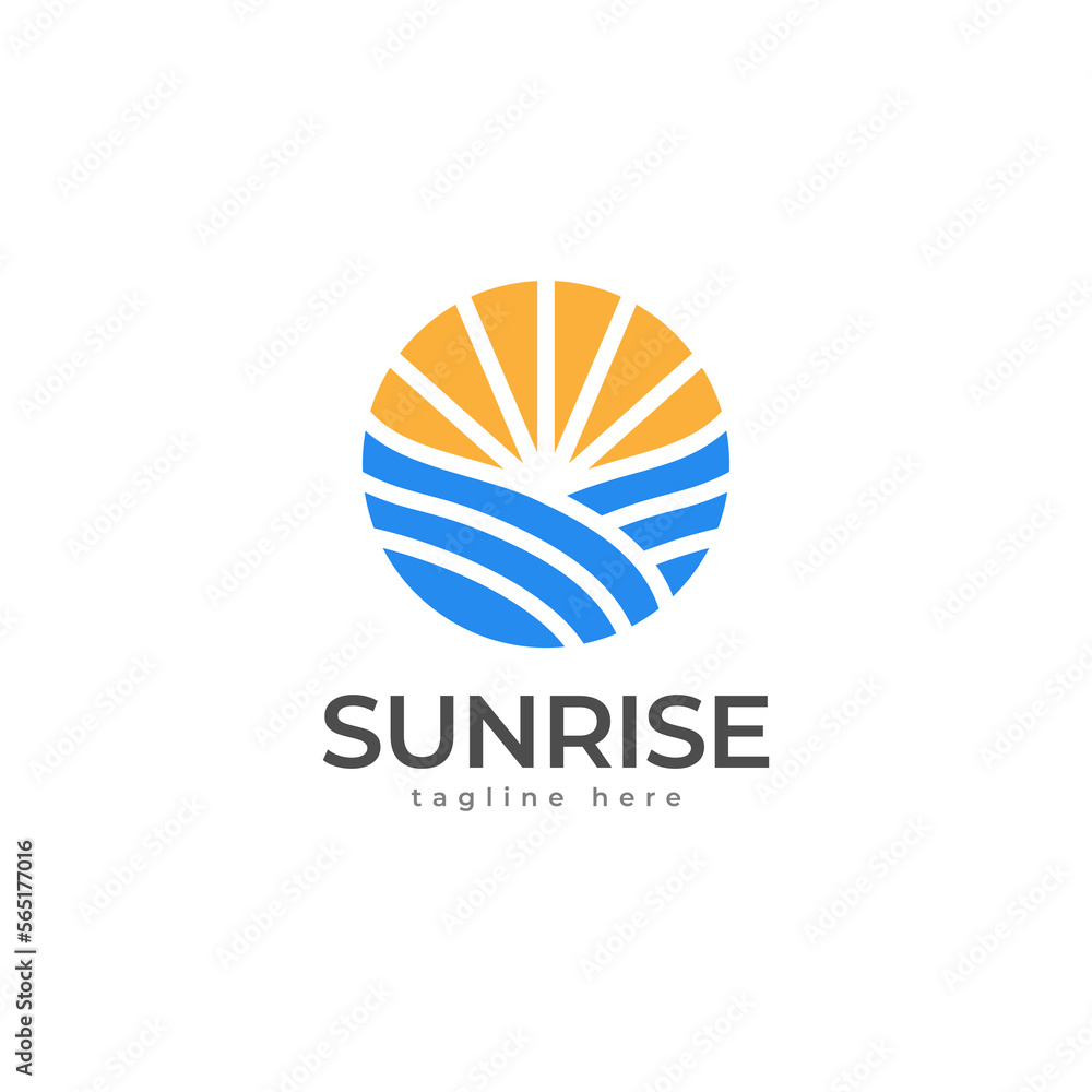 Sunrise logo template. Beach or coast logo design. Ocean waves or sea logo. Vector illustration