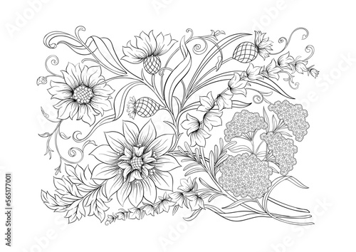 Decorative flowers and leaves in art nouveau style, vintage, old, retro style. Clip art, set of elements for design Vector illustration.